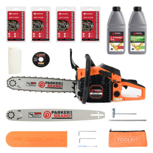 45cc Petrol Chainsaw Pack + 16" Bar & 2 x Chains + 20" Bar & 2 x Chains + Oils + More!